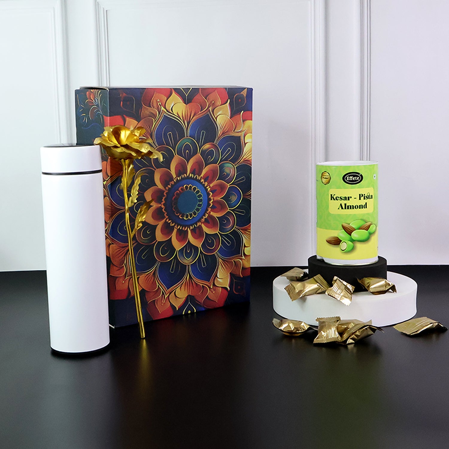 Effete Kesar Pista Almonds Gift Hamper, Golden Rose With Bottle (3 Pc Set) Effete Kesar Pista Almonds Gift Hamper, Golden Rose With Bottle (3 Pc Set)